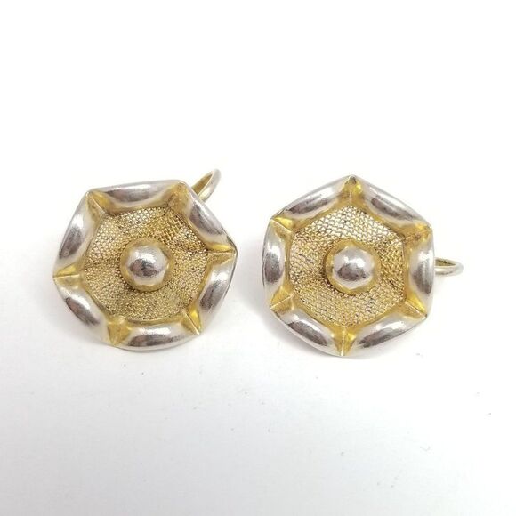 Vintage Retro Clip On Earrings, Gold Tone Abstract Flower Shape, Screw Backs - Picture 6 of 6